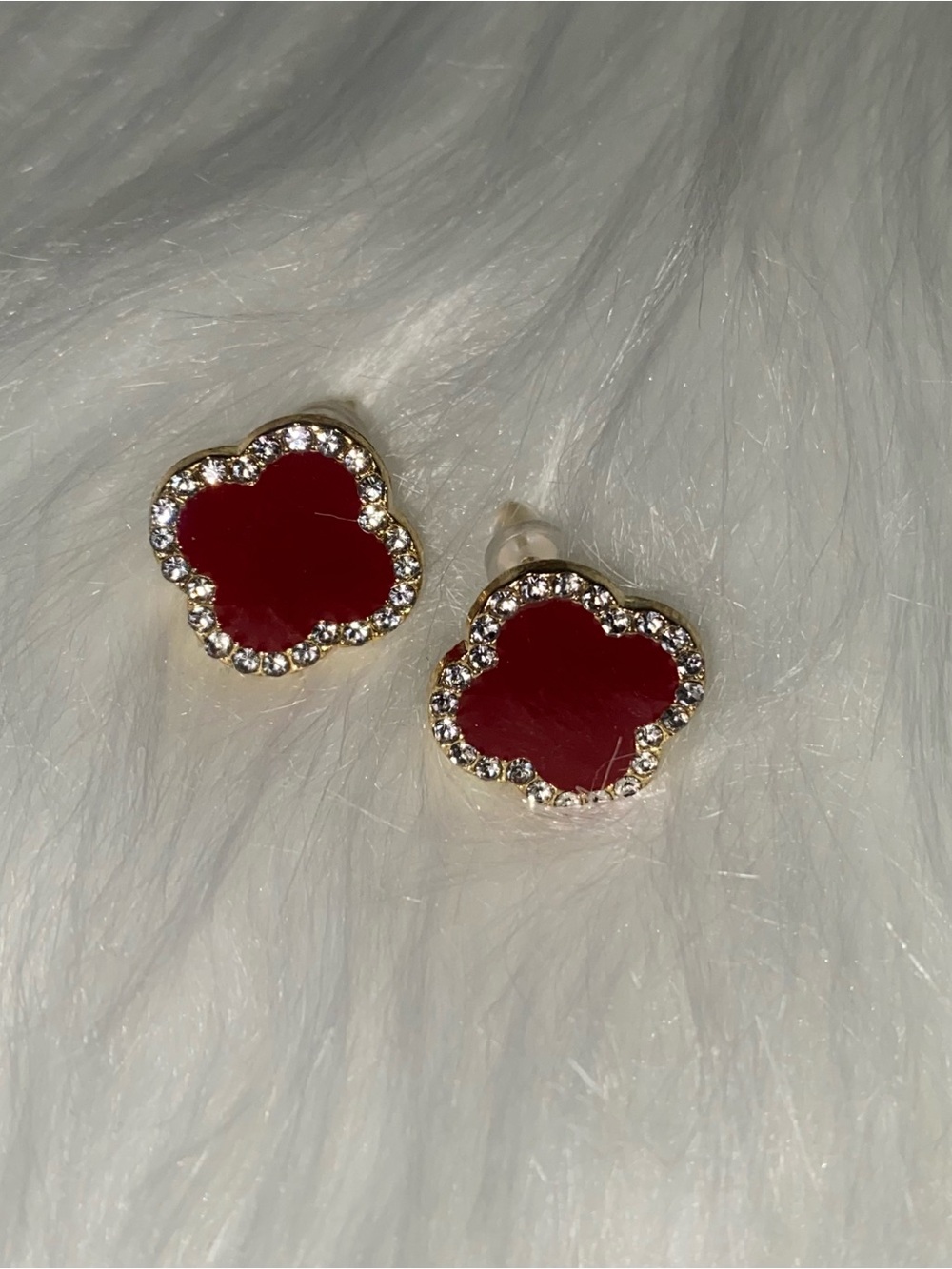 Gold and Red Clover Crystal Stud Earrings - Women Jewelry